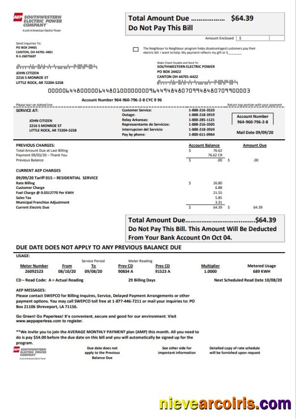 USA Louisiana AEP Southwestern Electric Power Company electricity utility bill